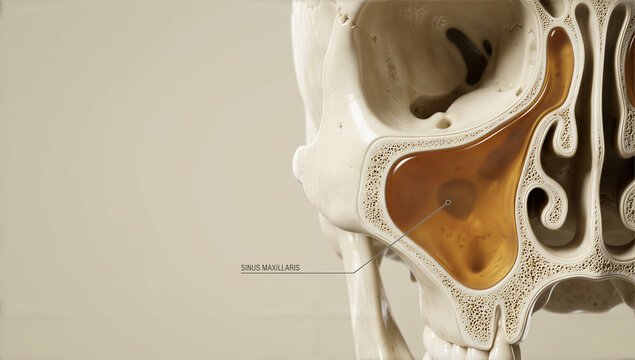 Amber fluid elegantly fills the maxillary sinus within a sculpted human skull rendering, revealing internal anatomy