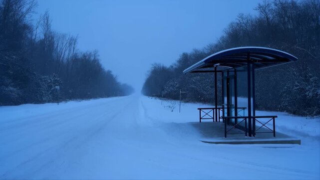 Bus Stop on a Snowy Road Surrounded by Trees in a Winter Landscape Featuring Snow-Covered, Forest, Cold with Icy and Transportation Elements