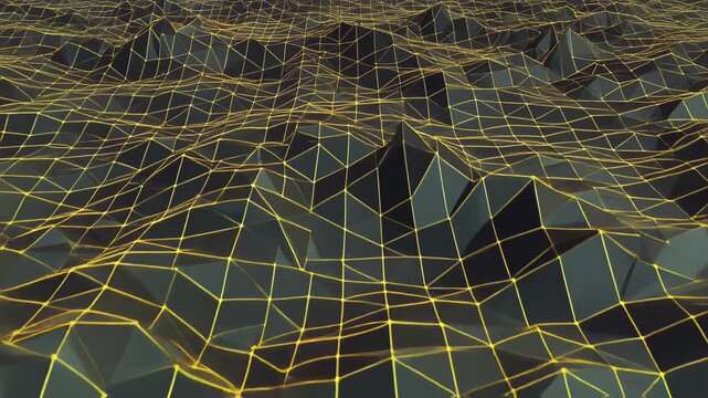 Endless Low Poly Grid Terrain Simulating Rolling Hills in a Retro Vector Graphics Style, Seamless Loop
