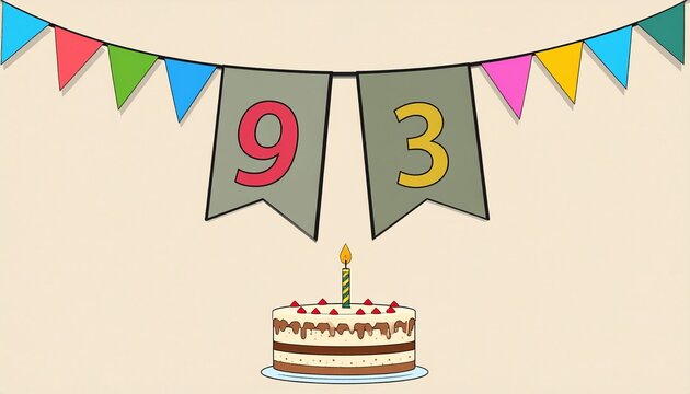 Festive Flag Garland and Cake with Number 93 for Birthday and Anniversary Party