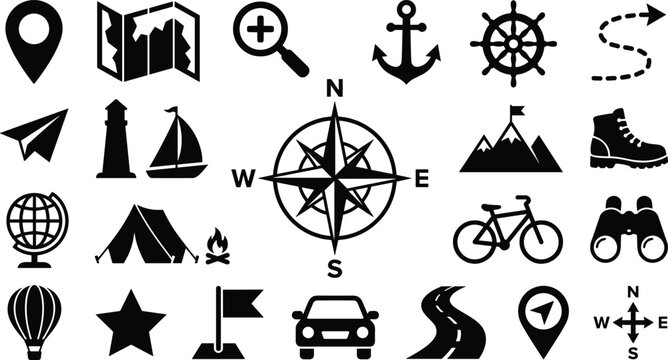 Travel and Navigation Vector Icon Set Featuring Compass Rose Map Pin Anchor Boat Tent Mountain Bicycle and Binoculars