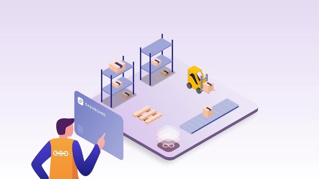 Isometric Architecture Warehouse Factory Storage Facility Layout with Assembly Line 2D Animation
