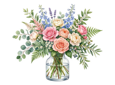Elegant watercolor flower bouquet featuring soft pink roses peach ranunculus blue hydrangeas lavender sprigs and lush green eucalyptus leaves arranged in a clear glass vase isolated on transparent bac