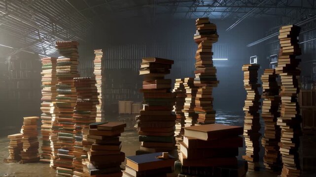 Books Stacked in Rows with Decaying Edges and Damp Floor in a Dim, Abandoned Storage Room Creating a Haunting Mood