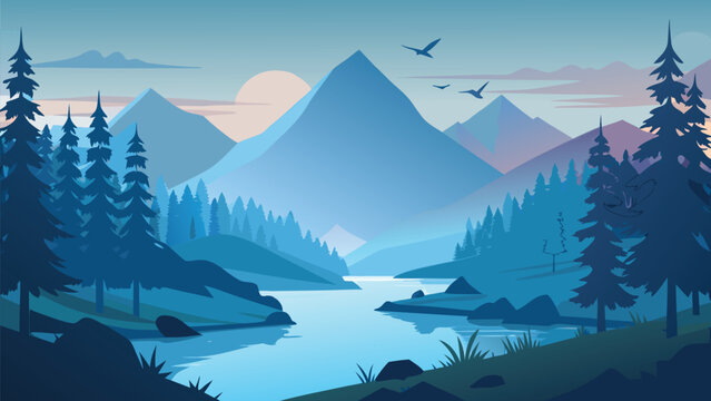 Serene mountain landscape with river and pine trees during dawn Vector Illustration