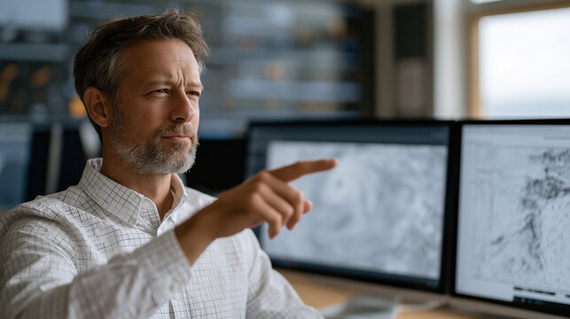 Space weather forecaster gestures toward animated solar wind velocity chart during team briefing, coronal mass ejection probability models displayed on adjacent screens,