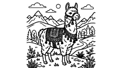 A smiling llama with decorative blanket, simple mountain scenery, bold outlines, printable coloring page, white background.   © Natasa Akter 