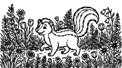 Obraz premium A friendly skunk walking through flowers, bold black line art, printable coloring page, white background.