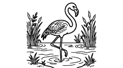 Naklejka premium A graceful flamingo standing in shallow water with reeds, thick clean outlines, coloring page, white background.