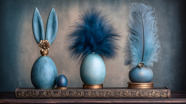 Elegant Blue Easter Table Centerpiece Decor with Textured Ceramic Eggs and Fluffy Feathers on Vintage Wooden Tray