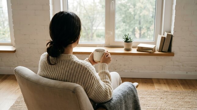 Woman sitting on chair holding mug by window with books