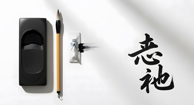 Traditional Chinese calligraphy tools with ink brush and inkstone.