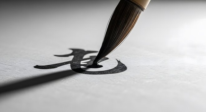 Calligraphy brush painting a black ink symbol on white paper.