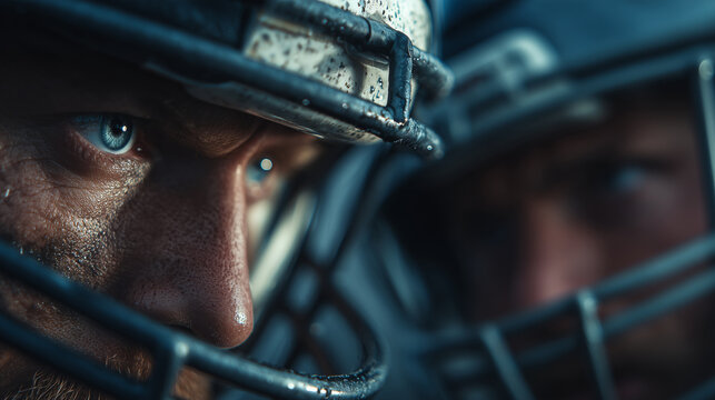 Extreme close-up face-off of American football players in helmets, intense rivalry, game confrontation, athletic competition, pre-snap tension, team sports action, cinematic grit,