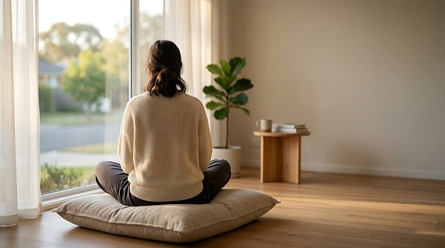Woman sits cross-legged on cushion by window in serene room