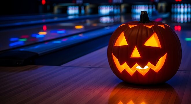 Halloween bowling night with glowing jack o lantern