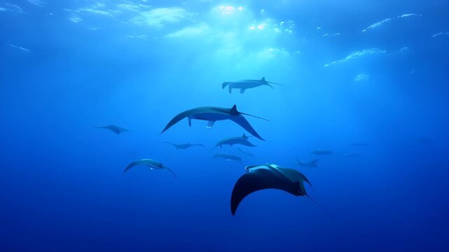 Manta Rays Gliding Through Blue Ocean Water in a School Formation with Sunlight Rays and Underwater Depth