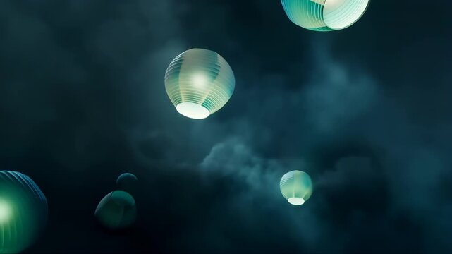 Floating Paper Lanterns Drifting Through Dark Smoky Atmosphere Featuring Glowing, Light, Night with Festival and Celebration Elements for Ambiance