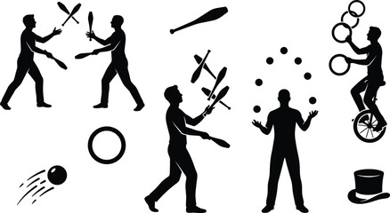Juggling Performance Silhouette Vector Set Featuring Circus Artists with Clubs Balls Rings Unicycle and Top Hat Graphic Elements © MDFiroj