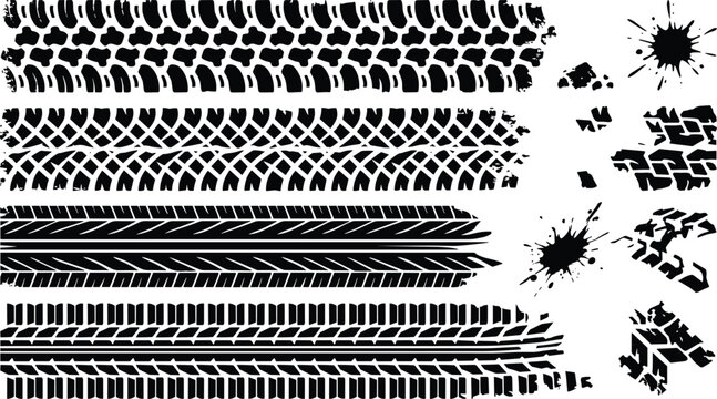 Tire Tread Silhouette Vector Set Featuring Grunge Offroad Car Tracks Mud Splatters and Textured Automotive Graphic Elements