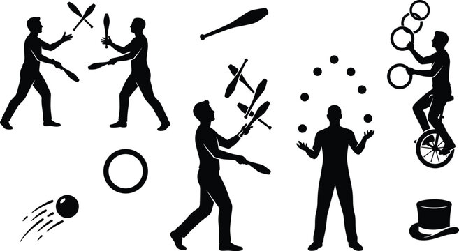 Juggling Performance Silhouette Vector Set Featuring Circus Artists with Clubs Balls Rings Unicycle and Top Hat Graphic Elements