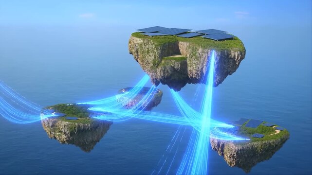 Floating Islands with Glowing Blue Energy Beams Connecting Them in a Futuristic Landscape Featuring Sci-Fi, Fantasy, Surreal with Digital Art