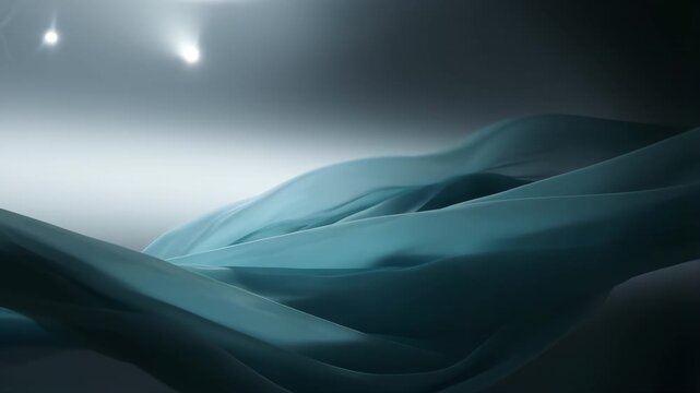 Fabric Floats in Smooth Teal Waves with Soft Studio Light, Creating an Abstract Silk Landscape and Elegant Flowing Textile Design