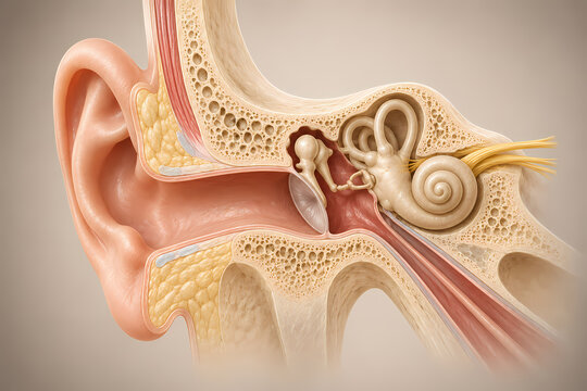 Human ear anatomy cross section diagram showing outer middle and inner ear structure