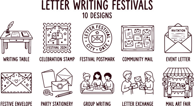 Letter writing festivals celebration stamp community mail event letter festive envelope party stationery group writing letter exchange mail art fair icons.
