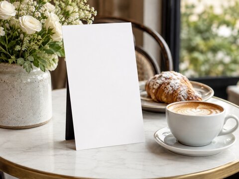 Blank menu card mockup on cafe table with coffee cup, pastry, flowers and soft natural light