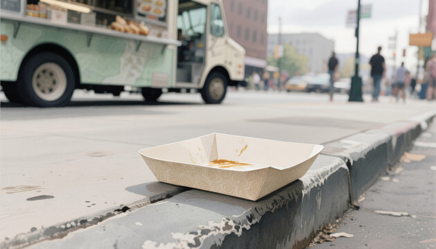 Empty food tray discarded on curb next to food truck on street  