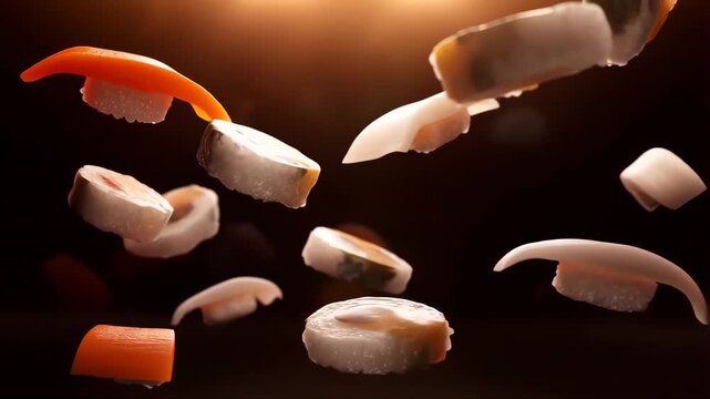 Sushi Pieces Floating in Dark Background, Rotating Gracefully, Glossy Textures, Cinematic Food Concept for Dining and Asian Cuisine Mood
