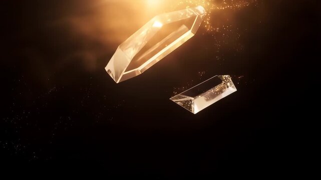 Crystal Cube with Floating Translucent Shards, Sparkling Particles and Glowing Light Effect in Dark Abstract Background Concept
