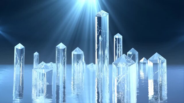 Crystals Floating in a Blue Light-Filled Environment with Reflections on a Water Surface Featuring Translucent, Glowing, Luminous with Radiant