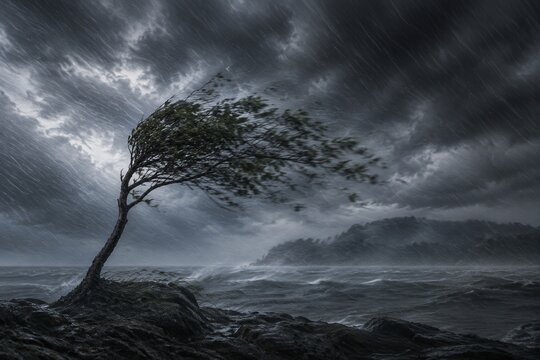 A slender tree bending dramatically in a storm, rain and wind blurring the background.