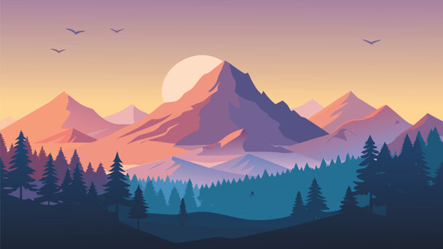 Mountain landscape vector illustration during sunset with sun behind peaks and pine forest foreground