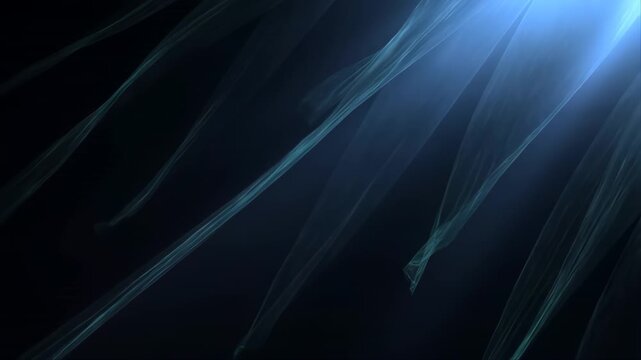 Floating Translucent Fabric Strips Drifting Through Dark Space with Light Rays Featuring Abstract, Ethereal, Dreamy with Surreal and Shadows Elements