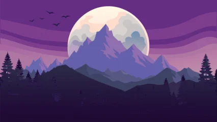 Fototapeten Violett Mountain landscape with a large moon during twilight in a minimalist vector style  © CreativeKamrul