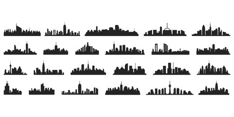 Obraz premium Collection of diverse city skyline silhouettes on a white background Keywords: city, skyline, silhouette, urban, architecture