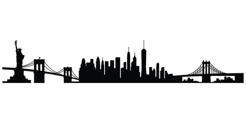 Obraz premium New York City skyline silhouette with Statue of Liberty and bridges Keywords: New York, city, skyline, silhouette, Statue of
