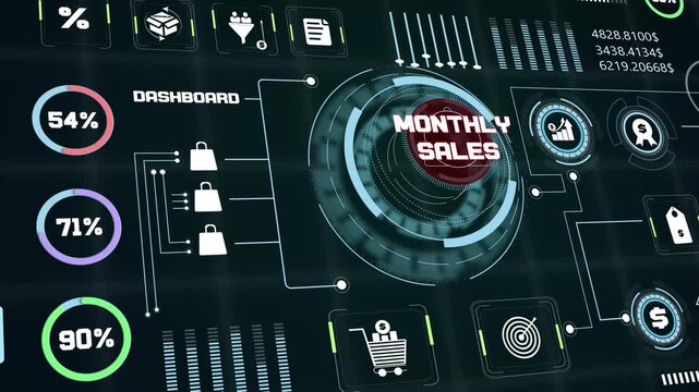Monthly sales report interface visualizing periodic revenue statistics along with modern technological economic graphics loop