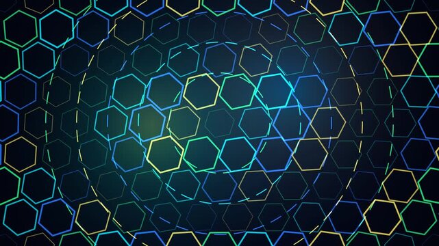 Cyber technology grid backdrop featuring abstract hexagonal mesh and circular signal ripples