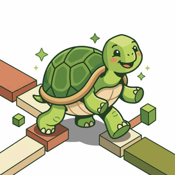 Smiling turtle on blocks carefully.