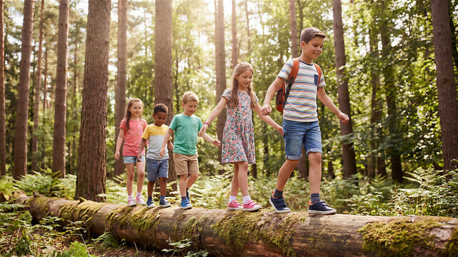 Five diverse kids walk and balance on a fallen mossy log in a green sunny forest. Hiking and adventure concepts.