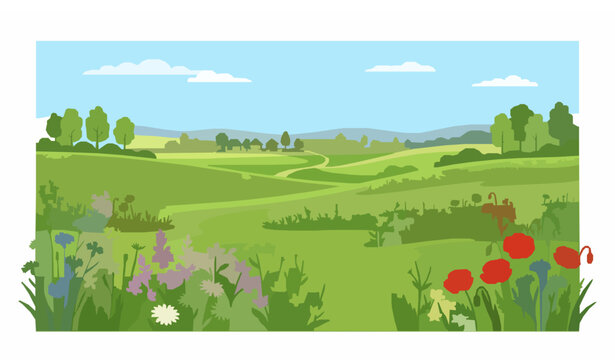 Rural Flower Field Scene in Uzytamak Republic of Bashkortostan Vector Illustration