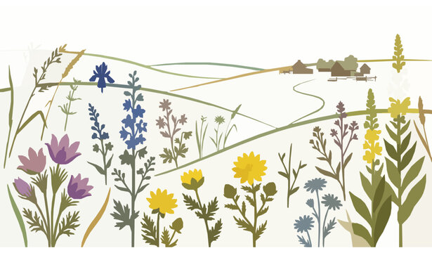 Blooming Country Flowers and Rural Village Landscape Uzytamak Bashkortostan Vector