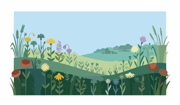 Colorful Wildflower Meadow in Uzytamak Village Bashkortostan Rural Landscape Vector Illustration