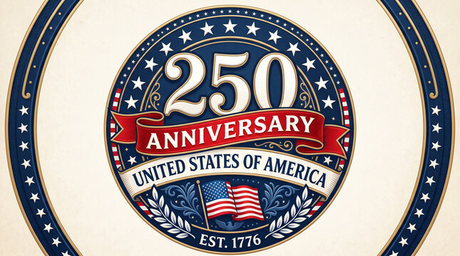 Vintage 250th anniversary seal for United States of America with flag.
