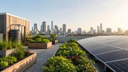 Fototapeta premium Sustainable urban rooftop garden with solar panels and modern city skyline