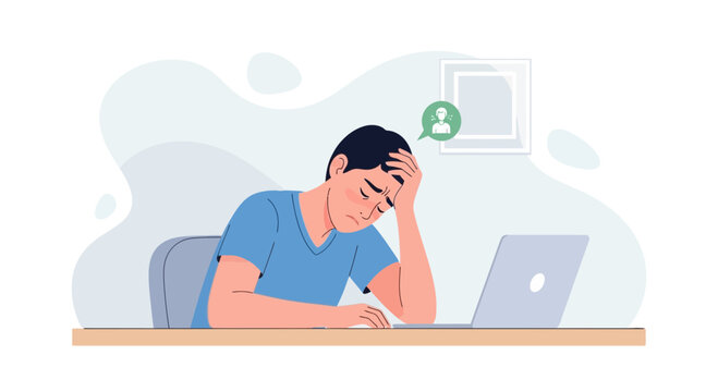 Stressed Man At Desk Experiencing A Difficult Situation With Online Help And Support